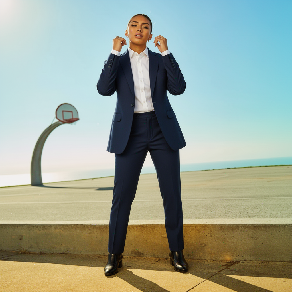 FitRoom: background preserved, blazer solid, pose translated as hands-near-collar adjusting the blazer, most neutral result of the competitors