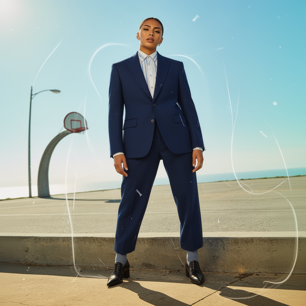 Krea: background has a new streetlamp that wasn't there, shirt rendered blue/white striped instead of white, prominent white swirly sketch artifacts across the entire image