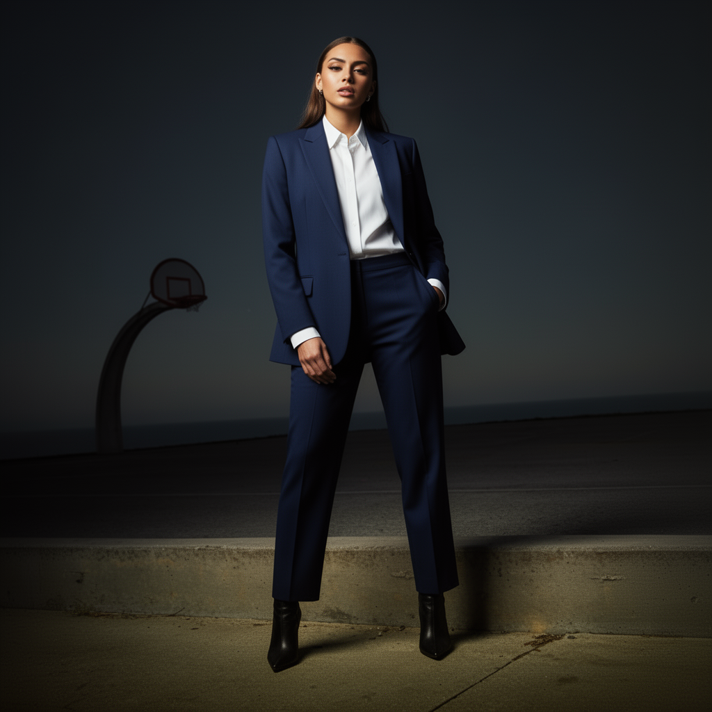Magic Hour: navy blazer result — stunning garment, but background converted to moody studio, face and complexion changed