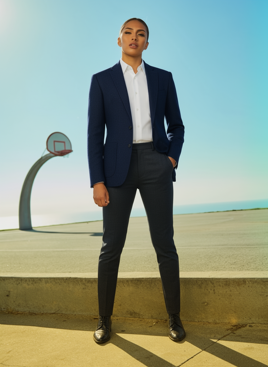 OutfitGen: navy blazer + white button-down + charcoal trousers, background and face preserved