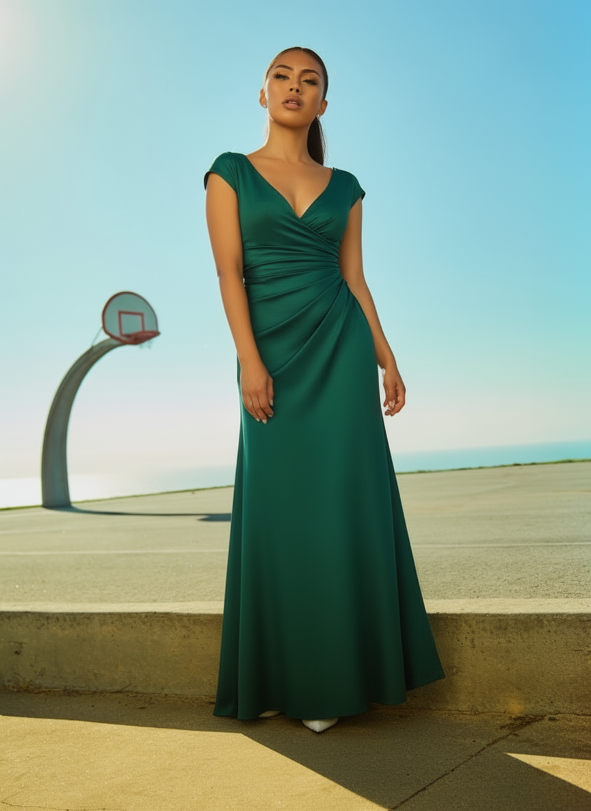 OutfitGen: emerald green floor-length gown, V-neck, ruching at waist, background preserved
