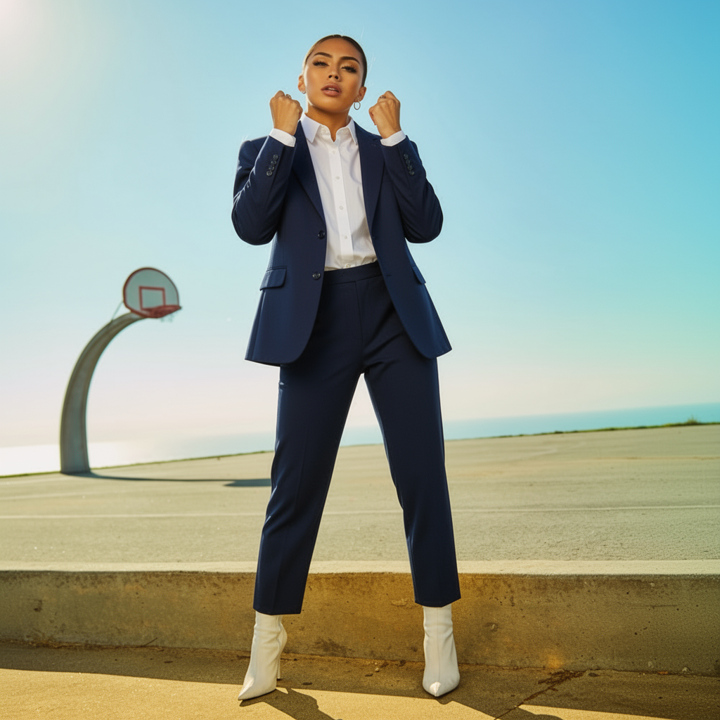 Tryonr: background preserved, blazer decent, but original hoodie-grab pose translated into a boxing stance with fists raised while wearing a suit
