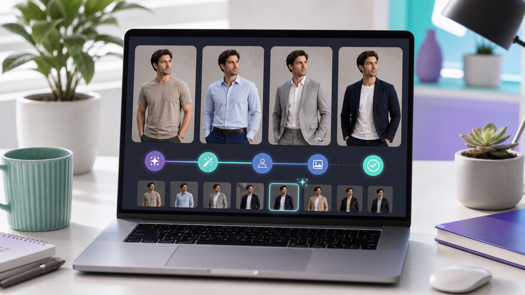 AI photo editor free-credit flow showing no credit card step and a completed outfit edit preview