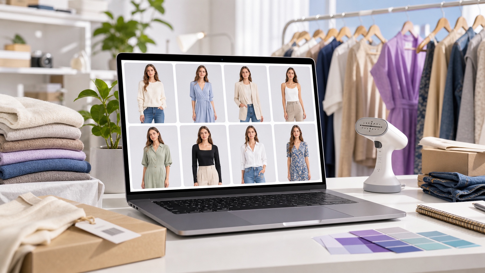 Fashion seller dashboard with AI-generated on-model photos arranged for marketplace and catalog listings