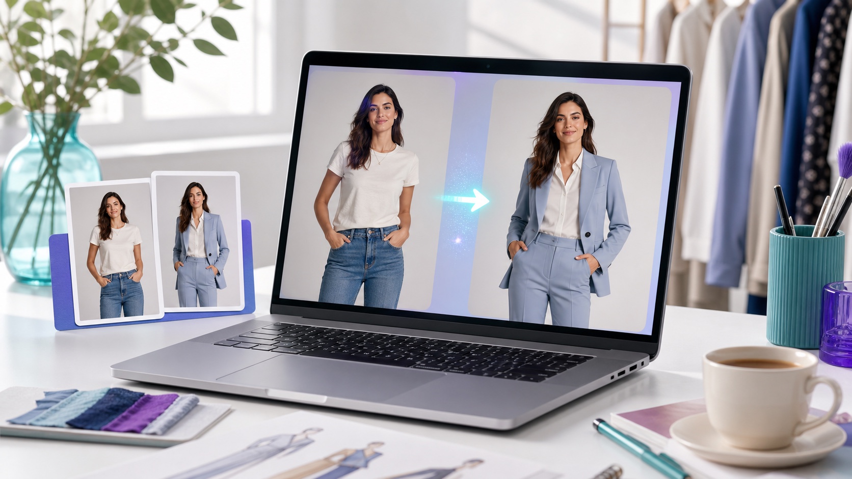 Side-by-side fashion photo editing workspace comparing a manual Photoshop outfit edit with an AI outfit changer result