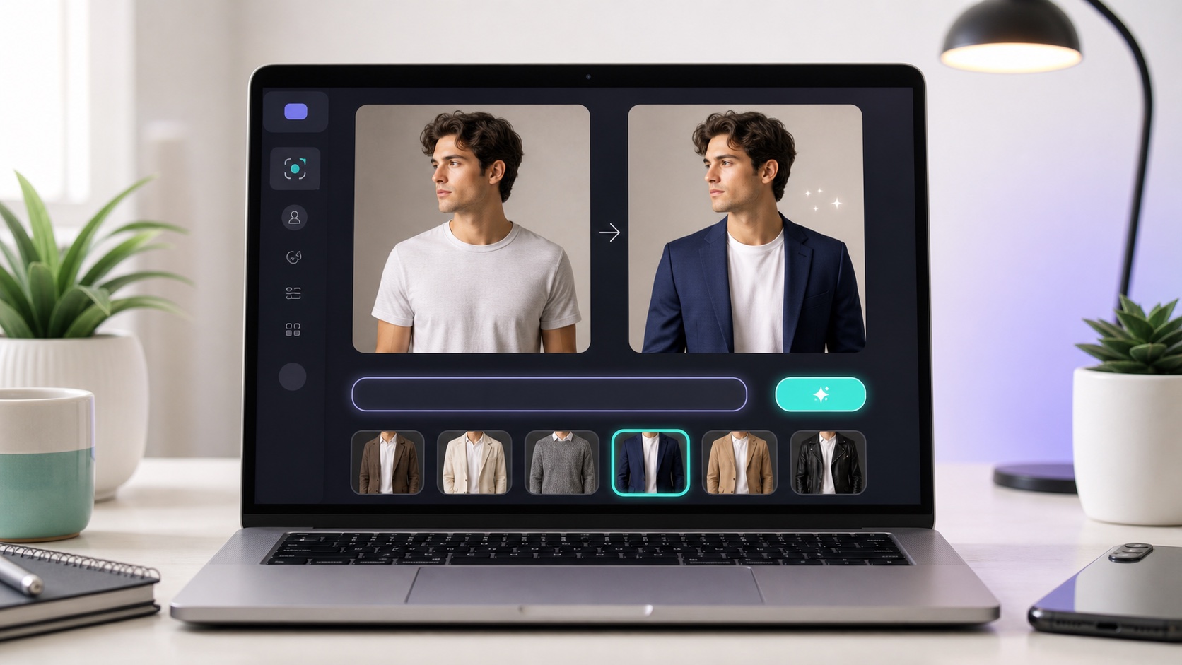 Simple AI photo editor screen where a natural-language outfit prompt creates a new outfit on a portrait