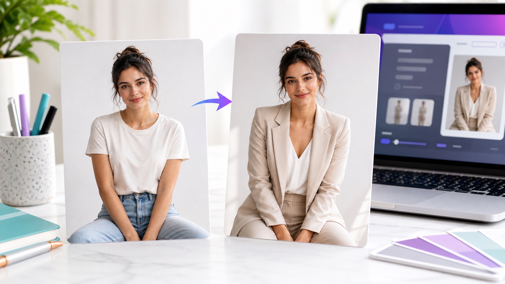Clean AI clothes changer before-and-after result with no watermark on the finished fashion photo