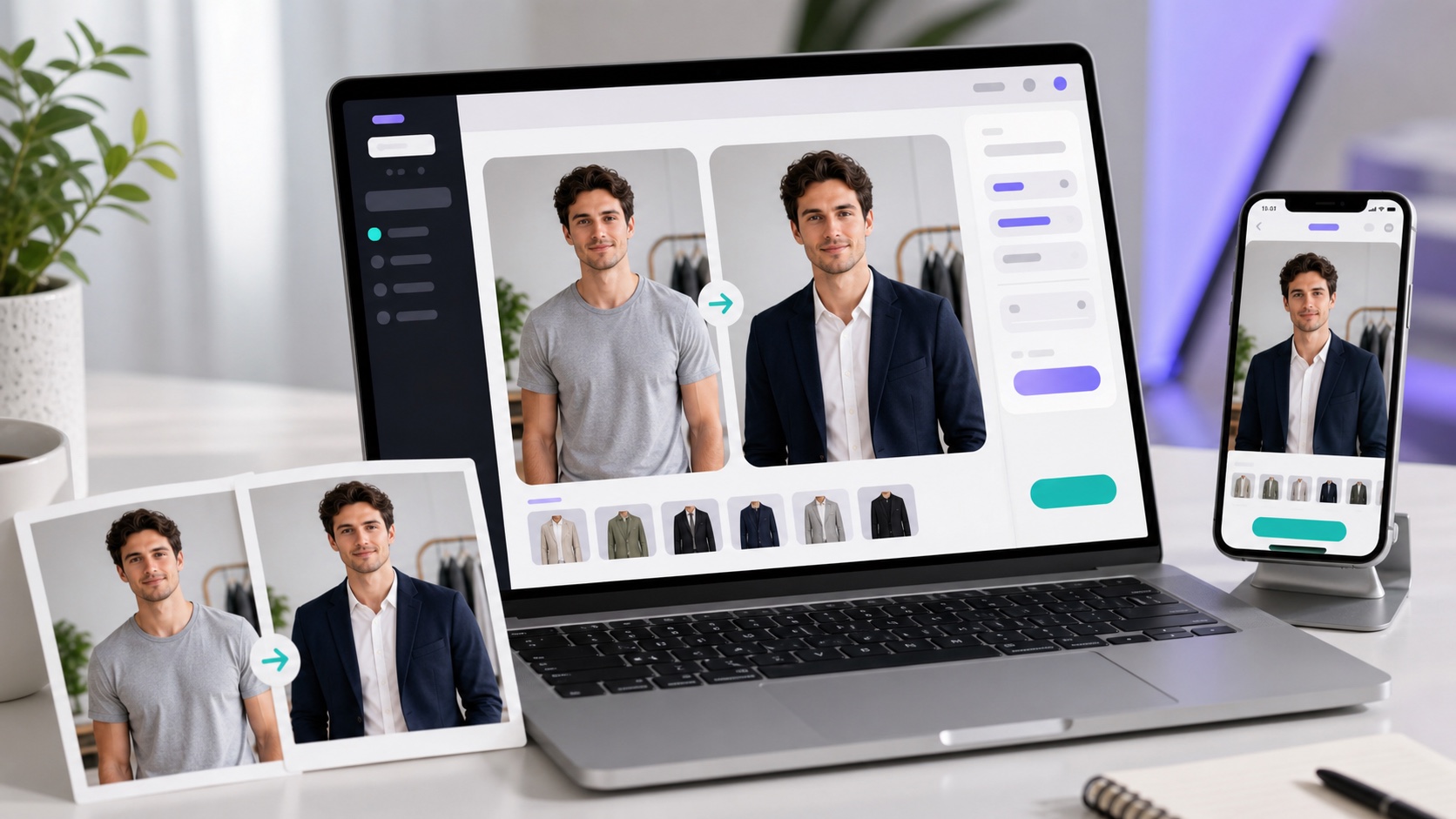 Browser-based AI outfit changer interface showing a no-account upload flow and a finished outfit edit