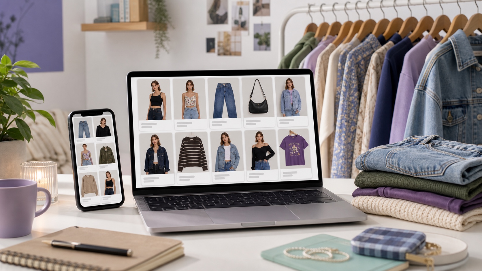 Depop-style resale listing grid upgraded with clean AI product photos and consistent on-model fashion shots