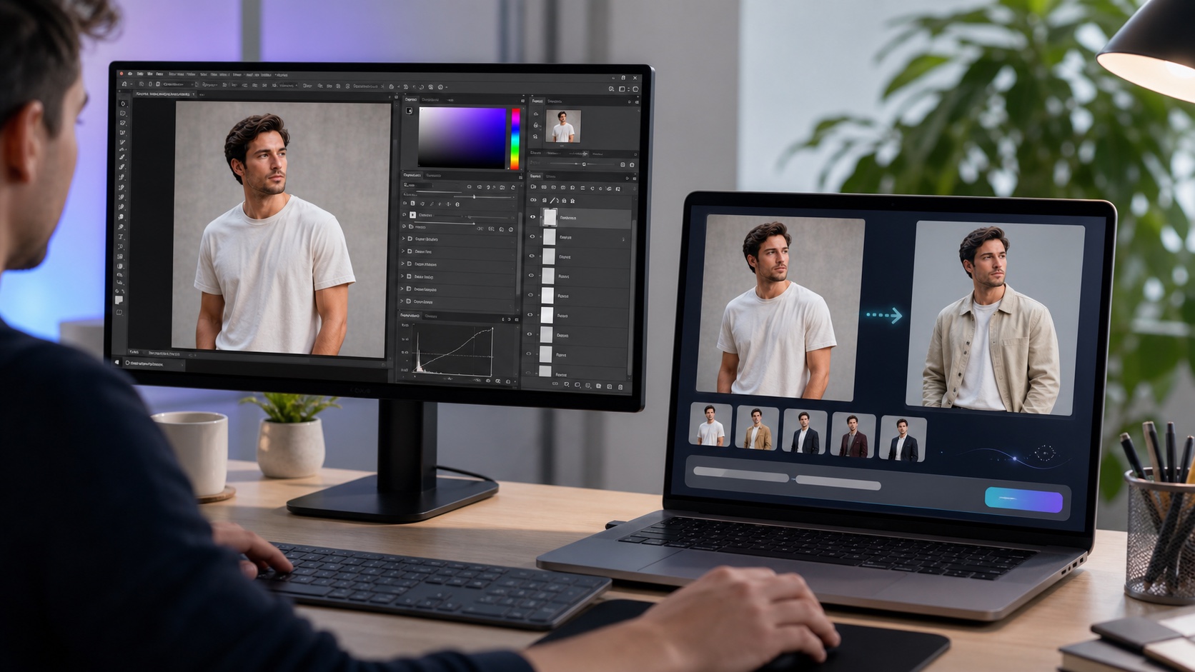 Non-designer choosing between a complex Photoshop layer stack and a simple AI clothes changer prompt