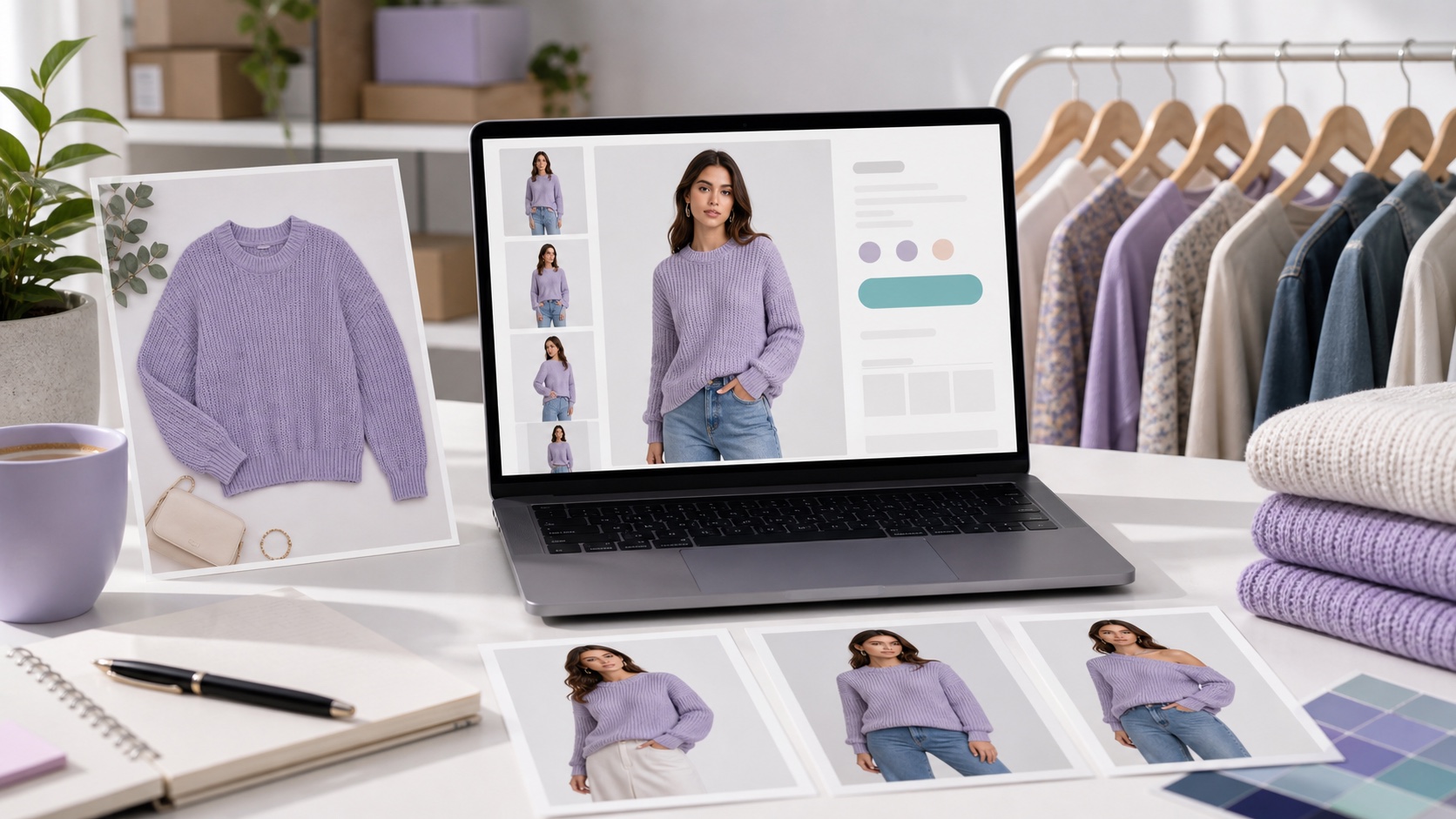 Shopify fashion product page mockup with AI-generated on-model product photos and clean catalog imagery