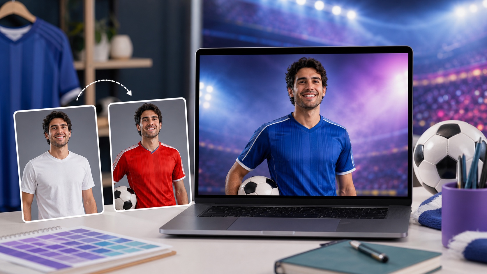 World Cup fan photo transformed into a polished soccer jersey portrait with realistic kit colors