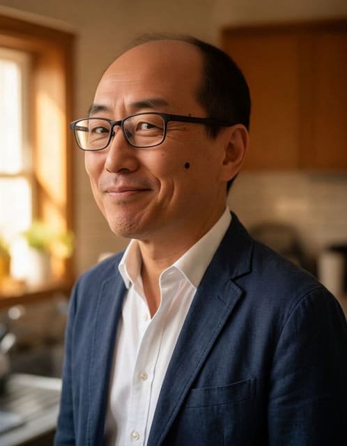 Nano Banana 2 result: glasses, cheek mole and crooked smile unchanged, henley replaced by a navy blazer and white shirt, kitchen unchanged