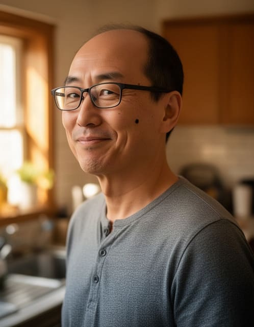 Source photo: man in his forties at a three-quarter angle with rectangular glasses, a cheek mole and asymmetric eyebrows, wearing a henley in a kitchen