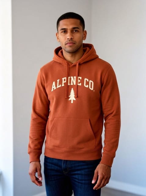 Nano Banana 2.1: rust hoodie with the ALPINE CO. wordmark and pine emblem, same man and room, in all 3 runs