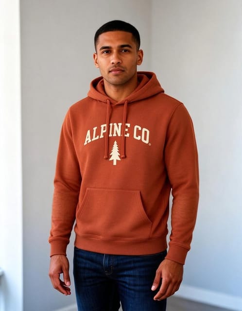 Seedream 5 Flash: rust hoodie with the ALPINE CO. wordmark and pine emblem, same man and room, in all 3 runs