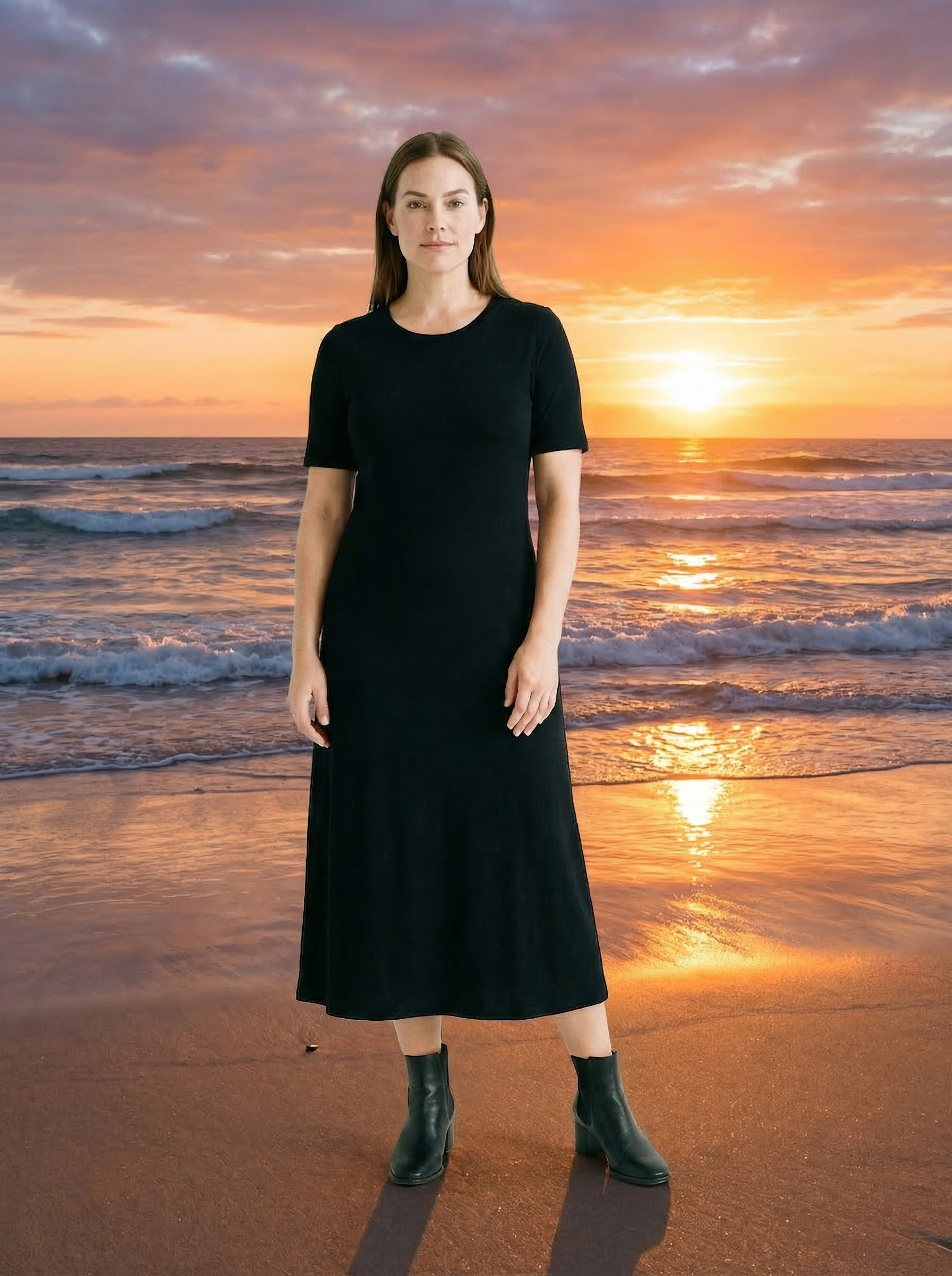 OutfitGen background changer result placing the portrait subject on a sunset beach background