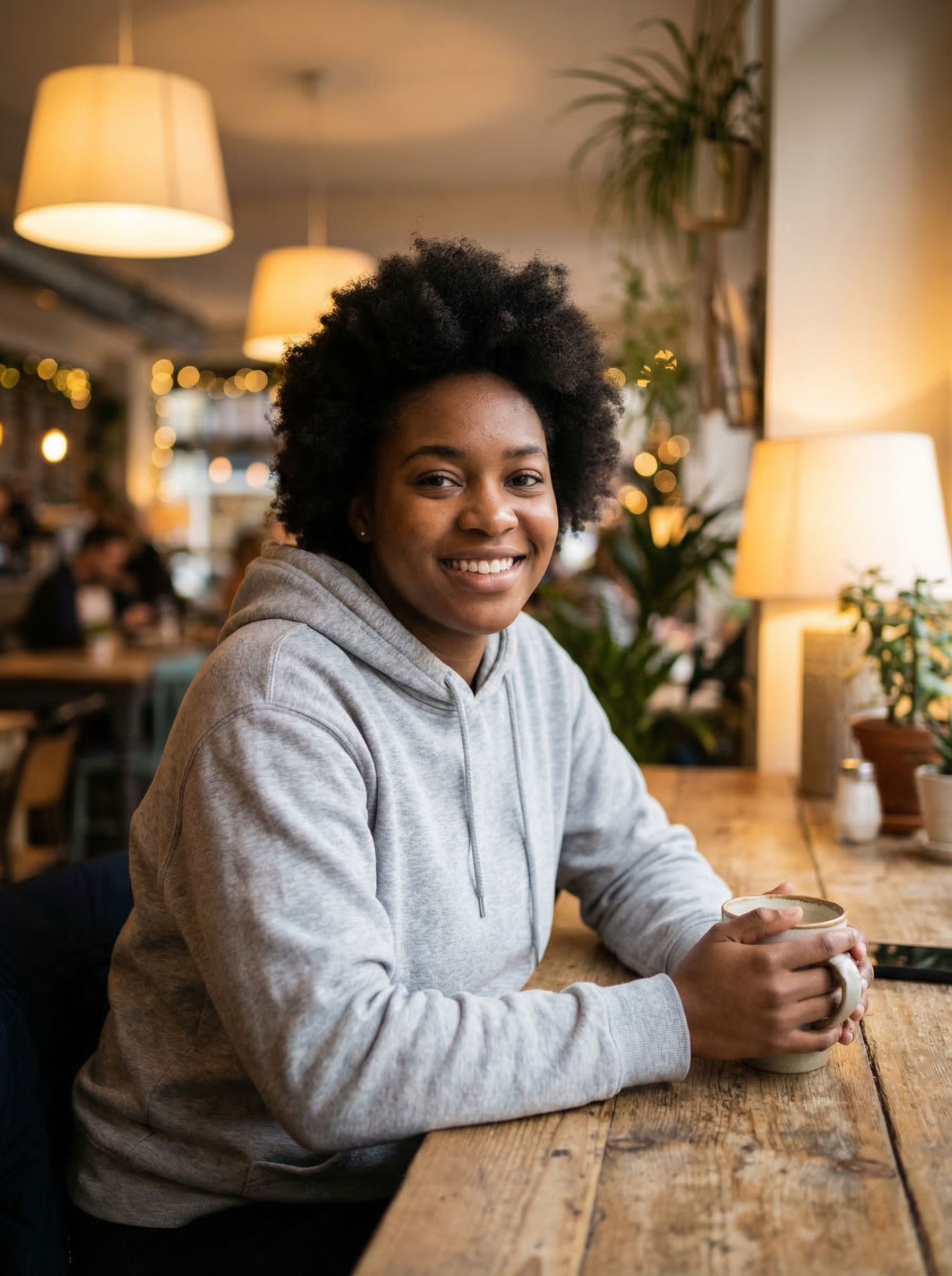 Source photo before a FLUX.2 edit: woman in a gray hoodie holding a mug at a wooden café table
