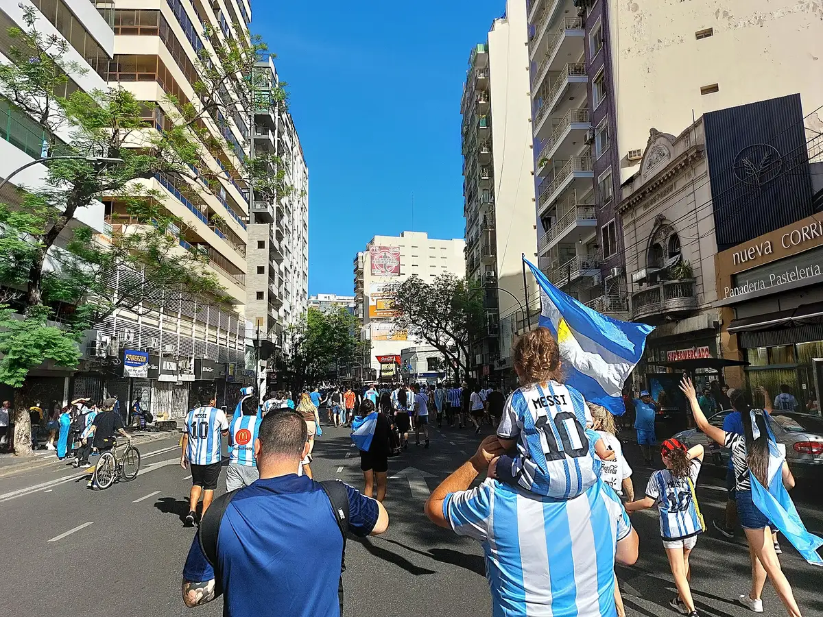A street in Buenos Aires the day Argentina won the 2022 final, nearly everyone in the sky blue and white shirt