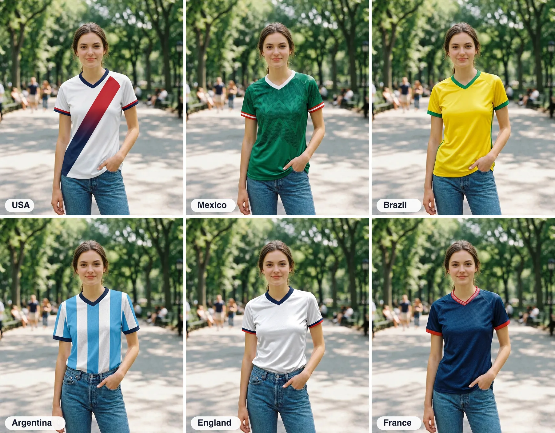 The same photo generated with six different national team jersey prompts, face and pose unchanged in every version