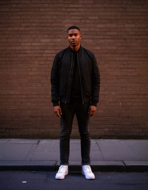 Source photo: man photographed full length in evening light, with the original background still in place