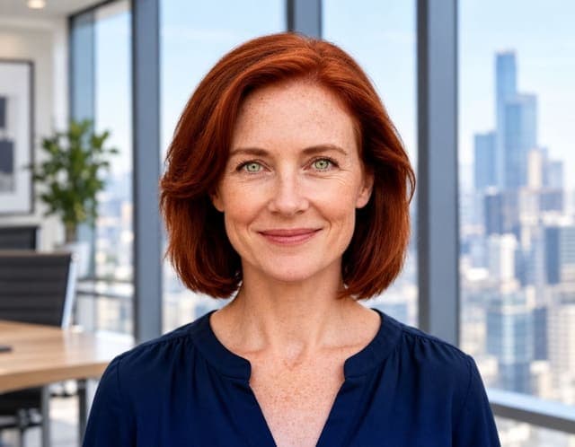 GPT Image 2.5 Flare at high: office background with a city view, portrait and hair edge left close to the source photo