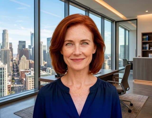 Nano Banana 2 result: modern office with a city view behind the subject, with the hair edge and skin regenerated slightly more than the other models