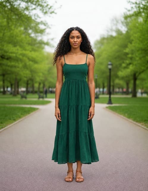 GPT Image 2.5 Flare at high: strappy summer dress in a darker green than the emerald asked for, tan sandals, same park