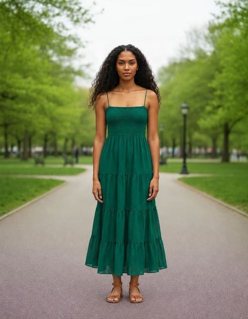 GPT Image 2.5 Flare at medium: emerald green strappy summer dress and tan leather sandals, pose and park unchanged