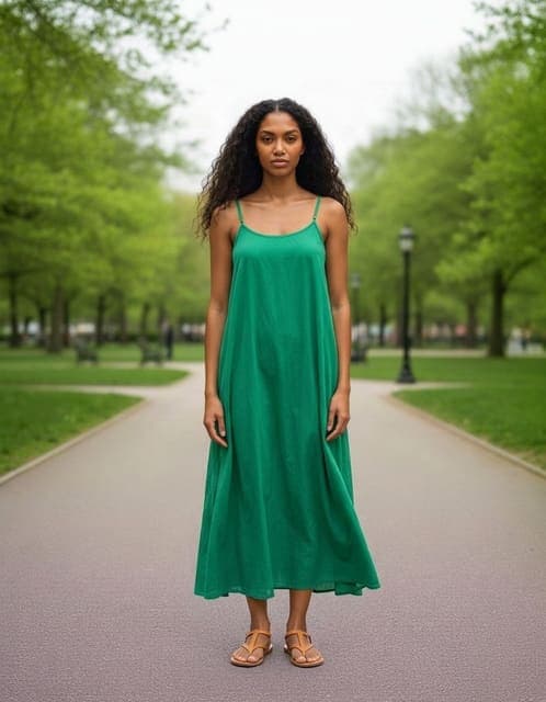Nano Banana 2 result: flowing emerald green summer dress with thin straps and tan sandals, same person, pose and park