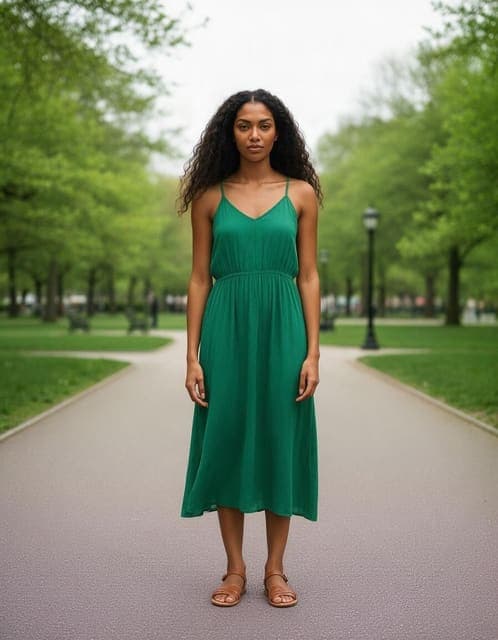 Seedream 5 Pro result: emerald green summer dress with thin straps and tan sandals, identity and park unchanged