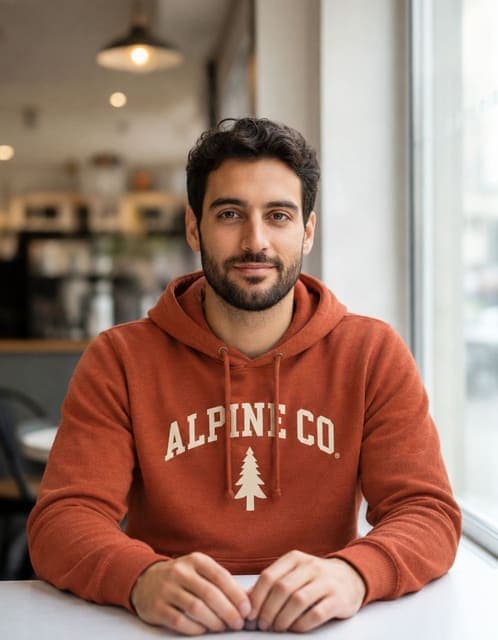GPT Image 2.5 Flare at medium: burnt-orange hoodie with the ALPINE CO. wordmark and pine emblem legible at the right scale