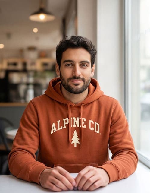 Nano Banana 2 result: burnt-orange hoodie transferred with the ALPINE CO. wordmark and pine emblem, lettering slightly softer than the reference