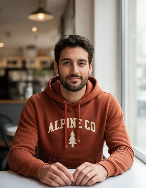 Seedream 5 Pro result: burnt-orange hoodie with a crisp ALPINE CO. wordmark and pine emblem, same person and setting