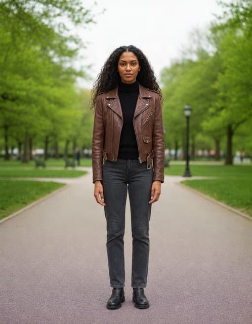 GPT Image 2.5 Flare at high: leather jacket and roll-neck transferred, original sneakers kept in one run of three, face unchanged
