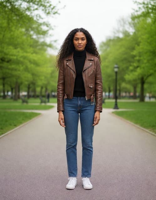 GPT Image 2.5 Flare at medium: leather jacket and roll-neck transferred, but the subject's original jeans kept in one run of three