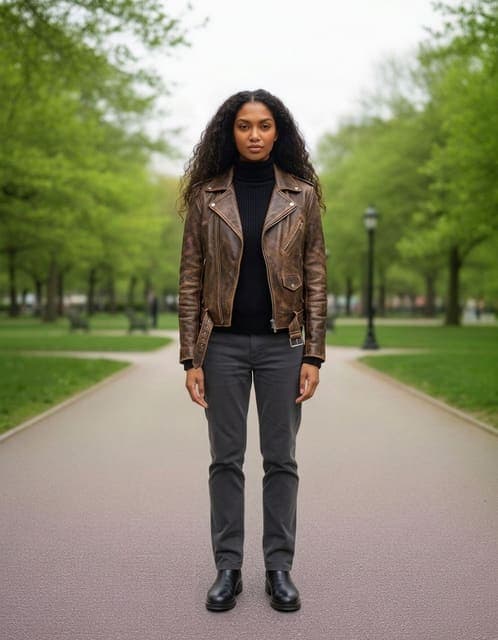 Nano Banana 2 result: the complete reference outfit transferred, leather biker jacket, roll-neck, dark trousers and boots, on the original woman