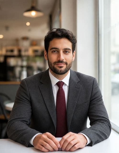 GPT Image 2.5 Flare at high: charcoal suit with a white dress shirt and burgundy tie, face and cafe window unchanged