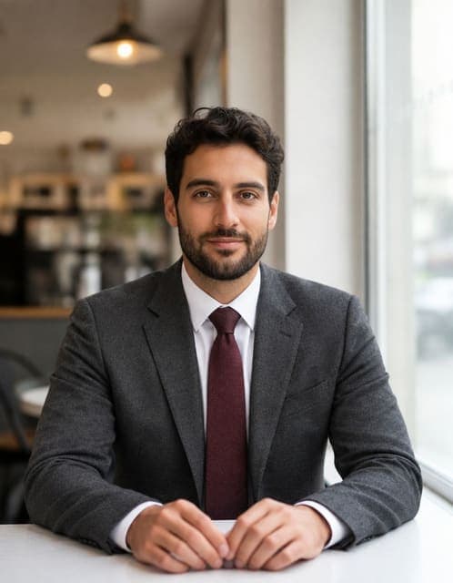 GPT Image 2.5 Flare at medium: charcoal tailored suit with correct lapels, collar and burgundy tie, cafe scene unchanged