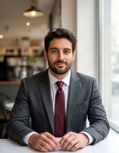 Nano Banana 2 result: charcoal wool suit with a white shirt and burgundy tie, same face, hands and cafe window