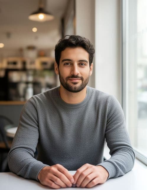 Source photo: man seated at a cafe table in a sweater, hands resting on the table, window behind him