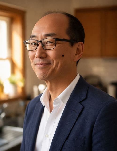 GPT Image 2.5 Flare at medium: the same glasses, mole and uneven eyebrows, navy blazer over a white open-collar shirt, head angle unchanged