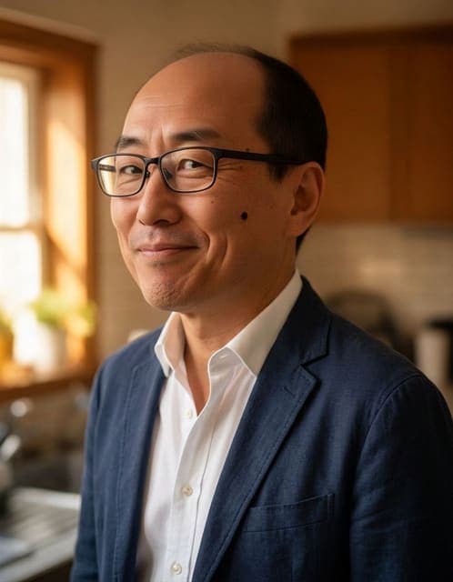 Nano Banana 2 result: glasses, cheek mole and crooked smile unchanged, henley replaced by a navy blazer and white shirt, kitchen unchanged