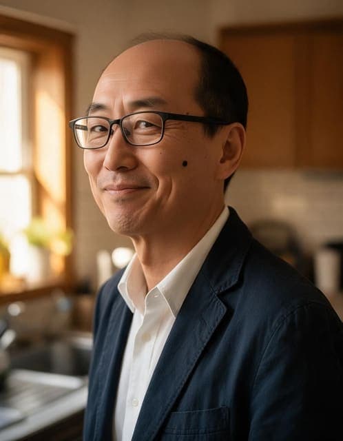 Seedream 5 Pro result: cheek mole, glasses and crooked smile preserved, navy blazer over a white shirt, kitchen unchanged