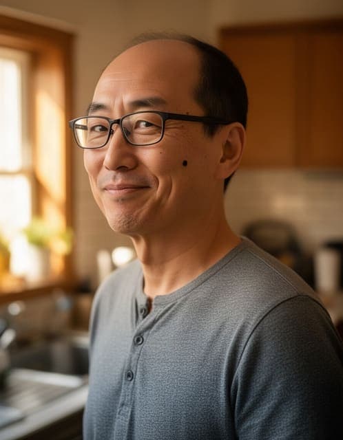 Source photo: man in his forties at a three-quarter angle with rectangular glasses, a cheek mole and asymmetric eyebrows, wearing a henley in a kitchen