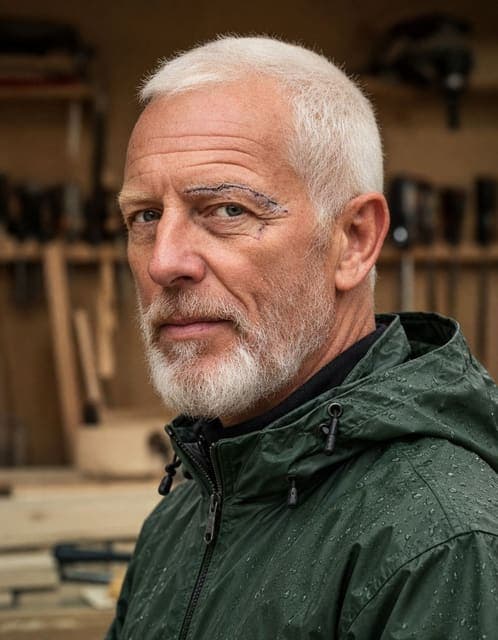 GPT Image 2.5 Flare at high: the same beard line and scar as the source, zipped green rain jacket with a black base layer at the collar