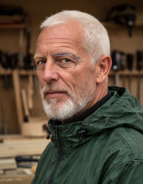 GPT Image 2.5 Flare at medium: beard line and eyebrow scar match the source photo, forest green rain jacket with visible rain beading
