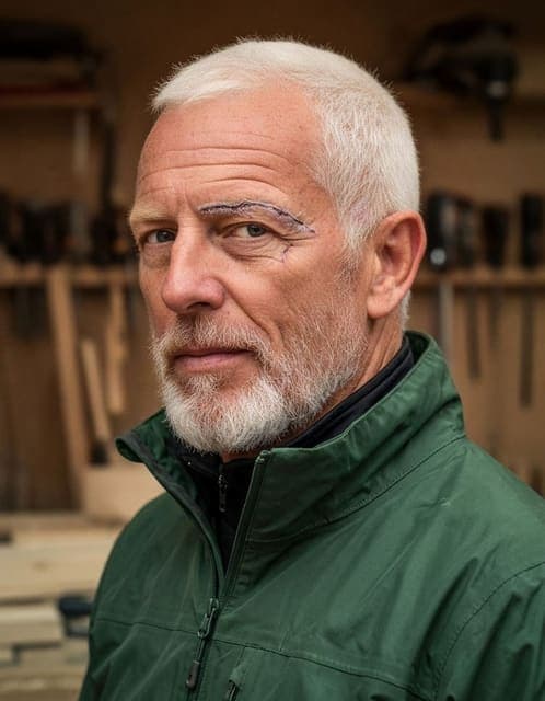 Nano Banana 2 result: the eyebrow scar survives but the white beard is reshaped and the face softened, forest green rain jacket zipped up