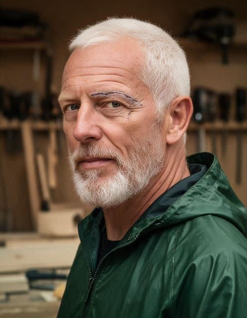 Seedream 5 Pro result: face and beard unchanged, plain forest green rain jacket zipped over a black base layer