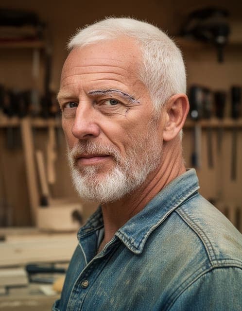 Source photo: man in his sixties at a three-quarter angle with a scar through one eyebrow, a once-broken nose and a white beard, wearing a denim work shirt